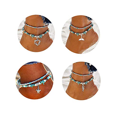 Image of Softones Blue Starfish Turtle Anklet Multilayer Charm Beads Sea Handmade Boho Anklet Foot Jewelry for Women
