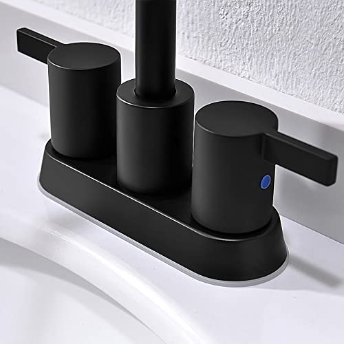 4 Inch 2 Handle Centerset Matte Black Lead-Free Modern Bathroom Faucet By Phiestina, 360 Swivel Spout 2-3 Hole Bathroom Vanity Sink Faucet with Copper Pop Up Drain and 2 Water Supply Lines, BF015-1-MB