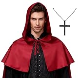 MarsVook Medieval Friar Hooded Robe Cowl Cloak + Cross Renaissance Priest Robe Wizard Halloween Cosplay Costume (Red)