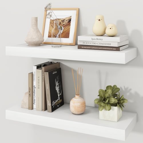 Ornawit White Floating Shelves for Wall 9.3 Deep Wall Mounted Wood Shelves for Bathroom Bedroom Living Room Kitchen Hanging Shelf for Books/Storage/Room Decor (White 24)