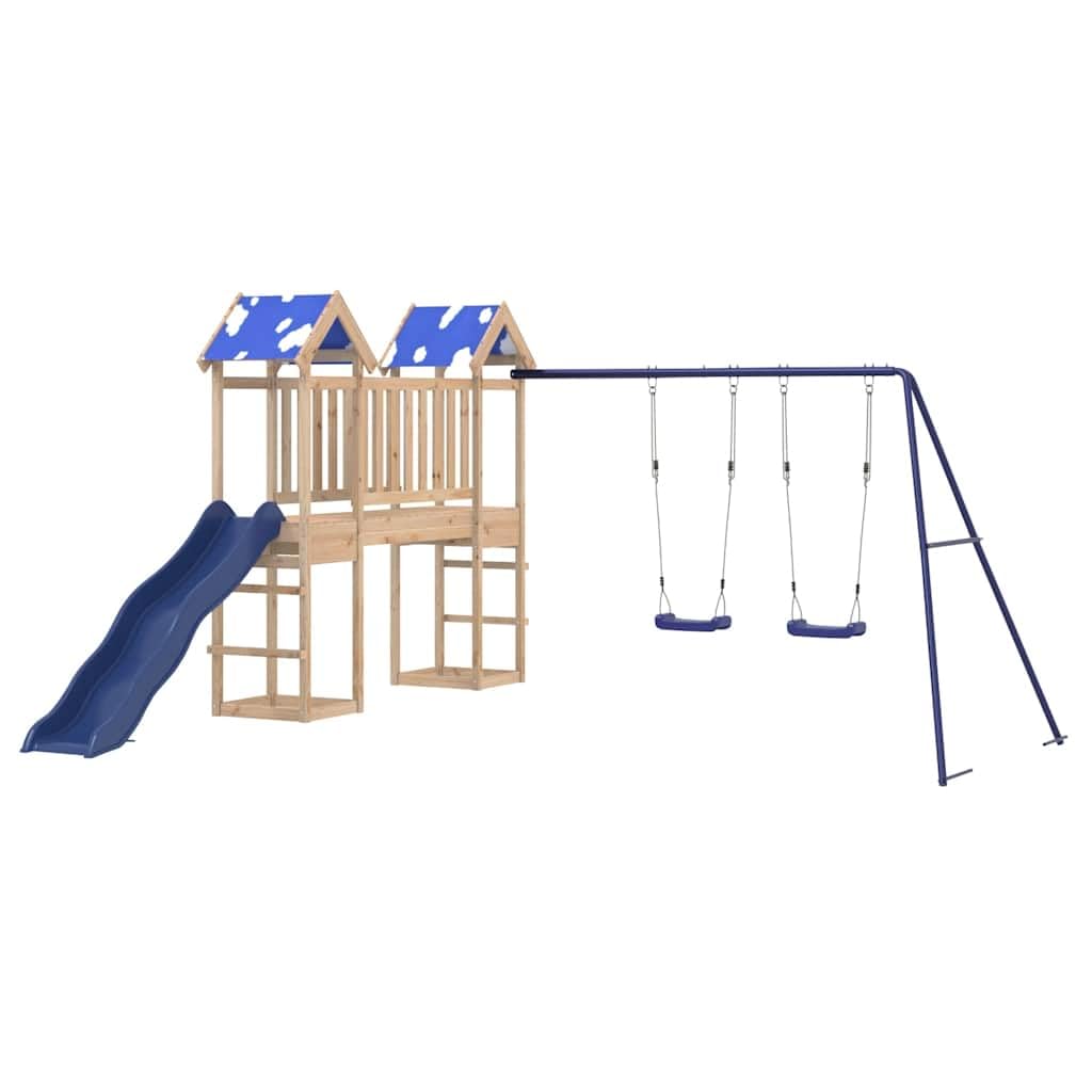 Spielturm Massivholz Kiefer Kinderspielhaus mit Wellenrutsche Doppelschaukel und Sandkasten Gartenspielgerät für Kinder 3-8 Jahre Outdoor Holzspielplatz mit Wolkendach und Klettergerüst