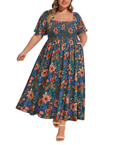 Image of RITERA Plus Size Dresses for Curvy Women Square Neck Short Sleeve Summer Floral Smocked Maxi Dress with Pocket XL-5XL