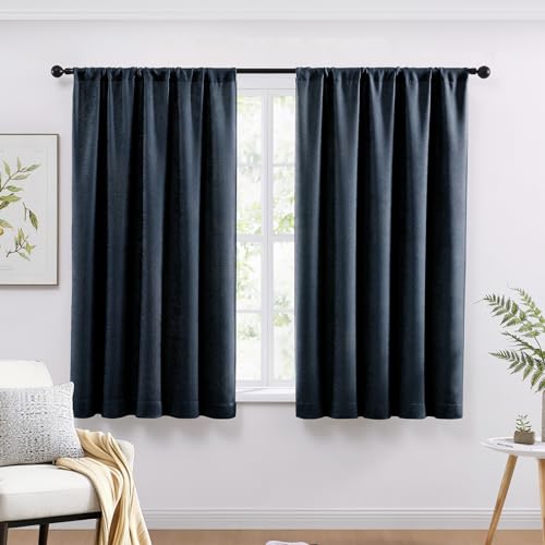WRENSONGE Blackout Curtains for Bedroom, Navy Blue Blackout Curtains 63 Inch Long for Living Room Windows Kitchen Room, Easy Rod Pocket Curtain Modern Room Darkening Curtains 2 Panels Set Na