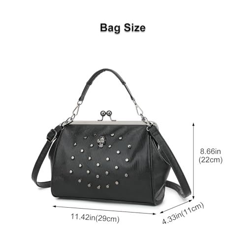 Image of Women Vintage Hollow Handbag Oil Leather Kiss Lock Rivet Skull Shoulder Crossbody Bag Evening Clutch Satchel Purse