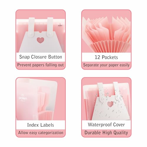 Image of Polen 13-Pocket Expanding File Folder with Handle Straps, Transparent Accordion Document Organizer with Heart-Cut Front Pocket for Certificates, Bills, Receipts & Office Documents.(Pink)