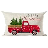 Ramirar Retro Red Pickup Truck Merry Christmas Bäume Schneeflocken Neujahr Winter Dekorative Lendenwirbelkissen Bezug Fall Zuhause Wohnzimmer Bett Sofa Auto Baumwolle Leinen Rechteckig 30,5 x 50,8 cm