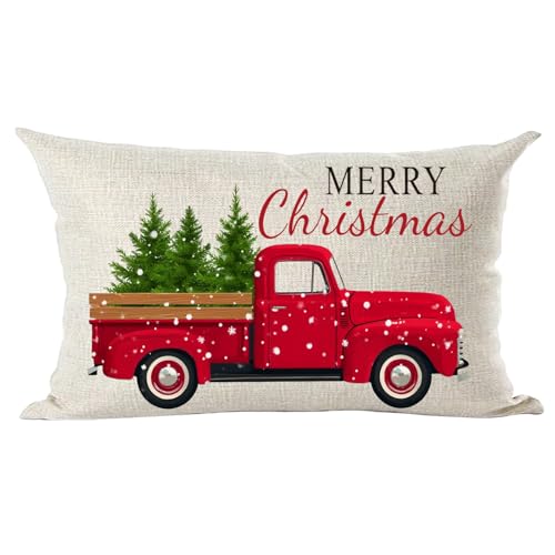 Ramirar Retro Red Pickup Truck Merry Christmas Bäume Schneeflocken...