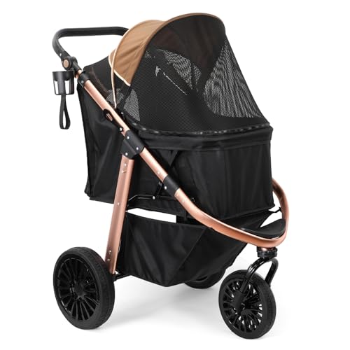 DAISTERN Cochecito Perro 30KG, Carrito Perro Mediano, Marco de Aleación Alúmina Anódica, Ruedas con frenos 360º, Reposabrazos de Cuero Ajustables, con Correas de Seguridad Pedal Delantero