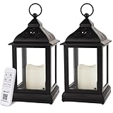 Bright Zeal 2-Pack 9.5" Vintage Decorative Candle Lantern with LED Flickering Flameless Candle (Black, 6-Key Remote) - Indoor Hanging Lanterns Decorative Lanterns Battery Powered LED Candle & Remote