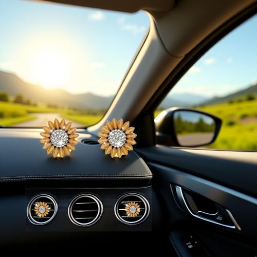 Image of Sunflower Air Vent Clips Car Accessories Bling Sunflower Air Freshener Outlet Clips for Women Car Interior Decorations Cute Flowers Cars Clips Air Fresheners Interior Accessories (2, Yellow)