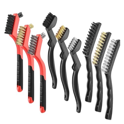 Image of 9Pcs Wire Brush Set - Stainless Steel /Brass /Nylon Bristles for Rust, Welding Slag, Paint & Dirt Removal -Automotive, Metal & DIY Cleaning Tools