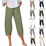 Pantalones capri de lino para mujer, pantalones de descanso recortados, pantalones de algodón para mujer, cintura elástica, pantalones chinos con bolsillo, ajuste holgado, pantalones cortos de lino de