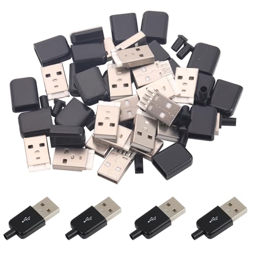 Teansic 20 Sets USB 2.0 Male Solder Socket USB Type A 4 Pin Male Connector with Black Cover for Wire RepairDIY