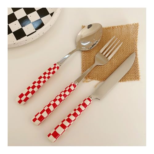 (6 Pieces) Chequered Ceramic Handle Kitchen Stainless Steel Silverware Tableware Flatware Cutlery Set Steak Knife Fork Spoon Teaspoon (Red)
