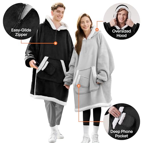 Giggling Getup Wearable Blanket Hoodie for Women Men Gifts for Women Mom Wife Sherpa Fleece Hooded Blanket Sweatshirt Warm Cozy Sherpa Wearable Throw with Pocket & Sleeves for Adult Standard Black
