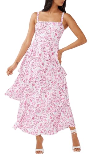Argeousgor Womens Floral Print Maxi Dresses Tiered Ruffles Long Dress Spaghetti Strap Sleeveless Flowy Layered Beach Vacation Sundress XL