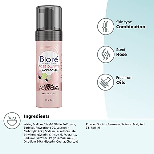 Bioré Rose Quartz + Charcoal Gentle Marshmallow Foam Cleanser, Daily Foaming Face Wash, 5 Ounces, Oil Free, Dermatologist Tested, Non-Comedogenic, Cruelty Free, Vegan Friendly #TOP5