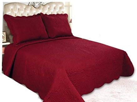 ALL FOR YOU 3pc Reversible Quilt Set, Bedspread, and Coverlet-Burgundy Color -110" x 100"-(Burgundy, Larger King)