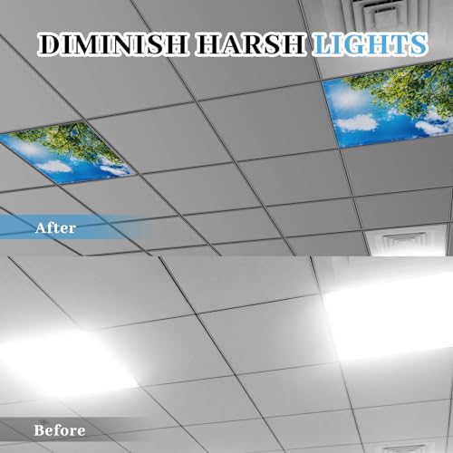 Image of VIHOSE 4 Pcs 2 x 2 Feet Fluorescent Light Covers for Ceiling Lights Classroom Magnetic Light Filters for Reducing Harsh Glare Flicker for Office Classroom Home Drop Ceiling(Sky Leaves)