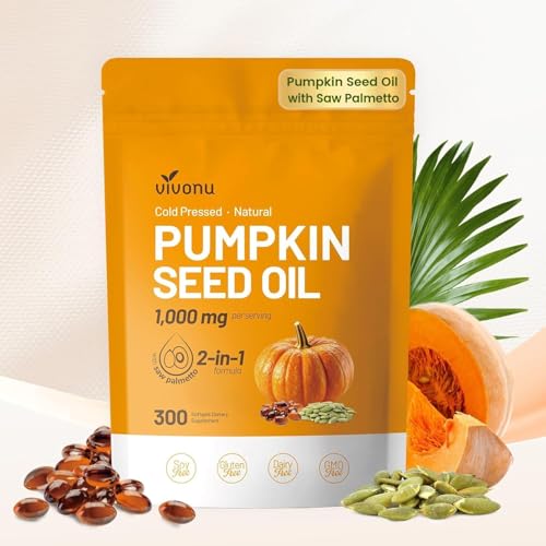 VivoNu Huile de Pépins de Courge - Saw Palmetto & pumpkin seed oil - 1000 mg - soutient la croissance des cheveux, soutient la santé de la Prostate - 300 unité - Sans...