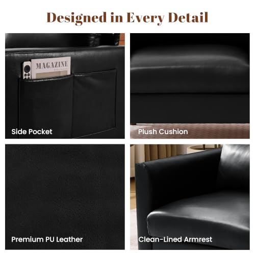 Image of Kingfun Faux Leather 3-Seater with Side Pocket, Black