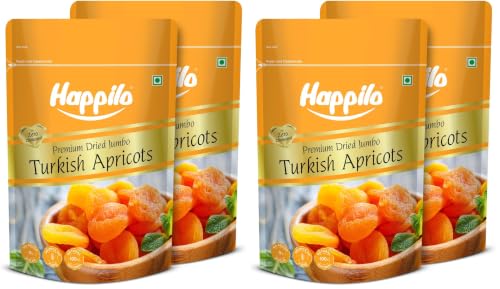 Image of Happilo Premium Dried Turkish Apricots 200g each (Pack of 4), Jumbo Size Seedless Khumani, Juicy and Tangy Dehydrated Fruits