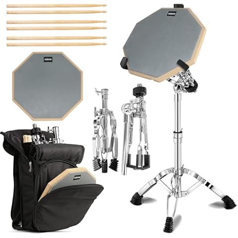 AZEAM Drum Practice Set - 12" Grey Double Sided Silent Drum Pad Kit with Snare Stand, Adjustable Sticks, and Beginner's Portable Practice Backpack Cover