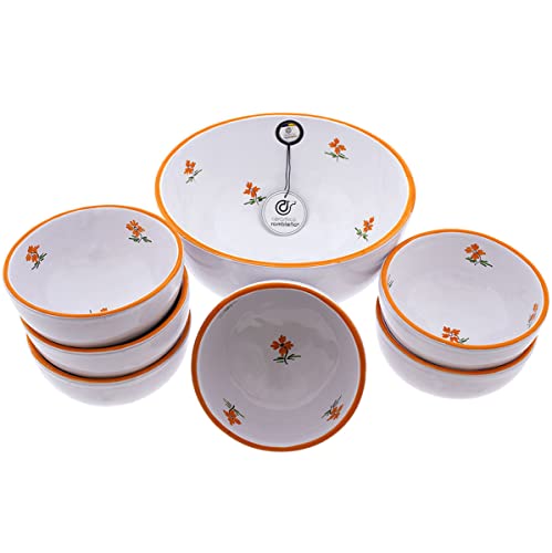 CERÁMICA RAMBLEÑA | Cuenco gazpacho | Gazpacho Andaluz | Gazpacho Manchego | Cuencos cocina | Conjunto Bol Ensaladera rústico - Modelo 16 | 100% Decorado a mano | 25x25x12cm + x6 cuencos 14x14x7cm