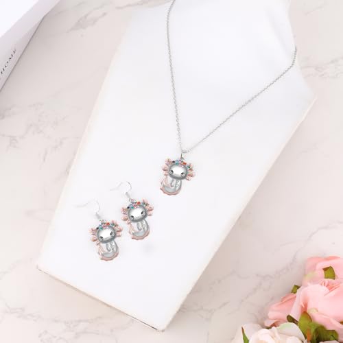 Axolotl Necklace and Earrings Set, Cute Alloy Axolotl Crystal Necklace Trendy Salamander Pendant Earring Jewelry Set for Women Men Birthday Graduation3