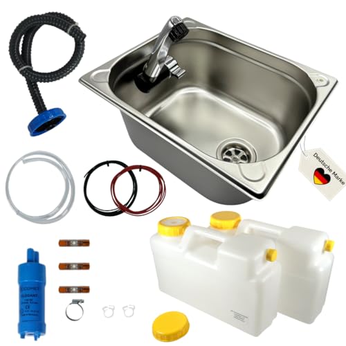 madelee Camping Spülbecken/Waschbecken Set aus Edelstahl 32,5 cm x 26,5 cm x 15 cm mit Armatur'London' 12 V, 25 mm Anschluss, 12 V Wasserpumpe,...