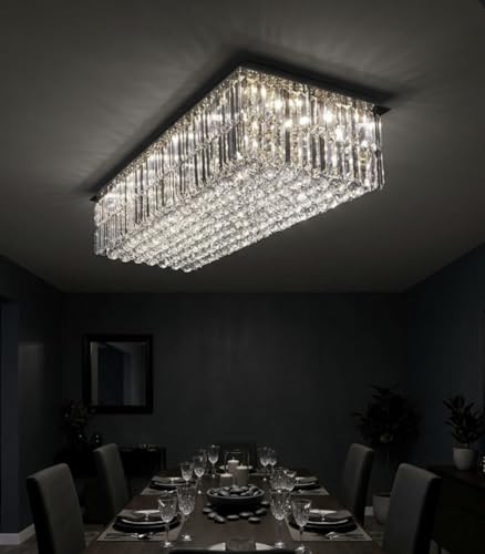 Image of Sanleen Rectangular K9 Glass Crystal Chandelier Ceiling Light 24x1 Feet Width Modern Luxury Lamp Corded Electric for Living Room, Bedroom, Dining Room & Lobby Designer Home Decor Lighting Fixture