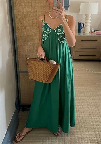 Image of Yuemengxuan Boho Maxi Dresses for Women Spaghetti Strap Flowy Smocked Long Dress Casual Summer Vacation Beach Maxi Dress