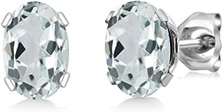 Gem Stone King 925 Sterling Silver Sky Aquamarine Stud Earrings For Women (1.44 Cttw, Gemstone Birthstone 7X5MM Oval), Metal Gemstone, Aquamarine
