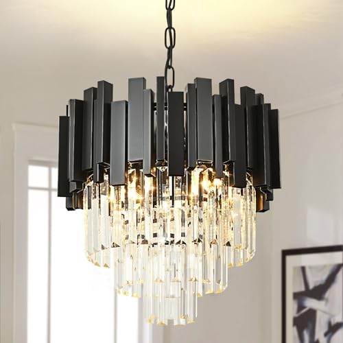 AOOCHOK Modern Crystal Chandelier Black Pendant Light Fixtures, Small Crystal Pendant Lighting for Entryway, Corridor, Balcony, Porch, Restaurant, Door Opening, E14 x 4, D40 cm