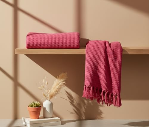 Image of Furnistitchs Bohemian Cotton Sofa Throw Blanket 50x60 inches | Waffle Knit & Chevron Pattern with Fringes | Aesthetic Decorative Couch Throw for Living Room & Bedroom (Magenta Waffle)