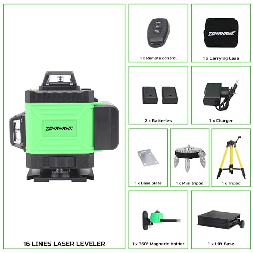 Image of TOMAHAWK BMT-1666 16 Lines Green Laser Level Pro, 4x360 4D Green Cross Line Professional Laser for Construction, Two 360 Vertical /Horizontal Level Pulse Mode | 1 Mtr Tripod |