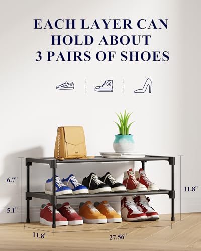 Kitsure Shoe Rack - Non-Woven Shoe Rack Shelf, Shoe Organizer for Closet, Entryway, Garage & Corridor, Stackable Shoe Shelves, 27.5" Wide - 2 Tier, Black