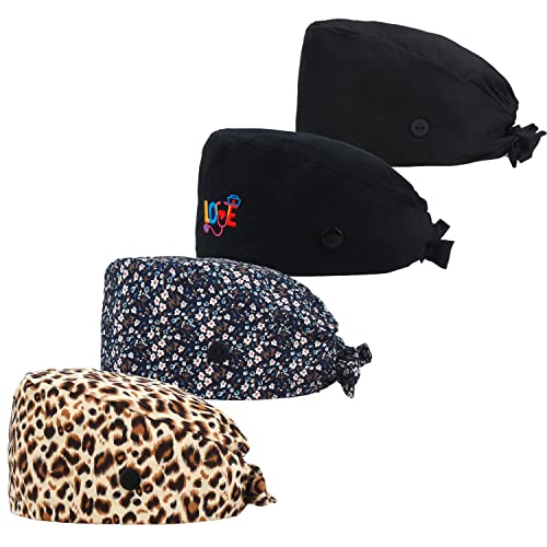 Qba Adjustable Working Cap With Button, 4 Pcs, Cotton Working Hat Sweatband, Elastic Bandage Tie Back Hats For Women & Men, One Size, Black+Black With Love+Cheetah+Floret Navy #TOP14
