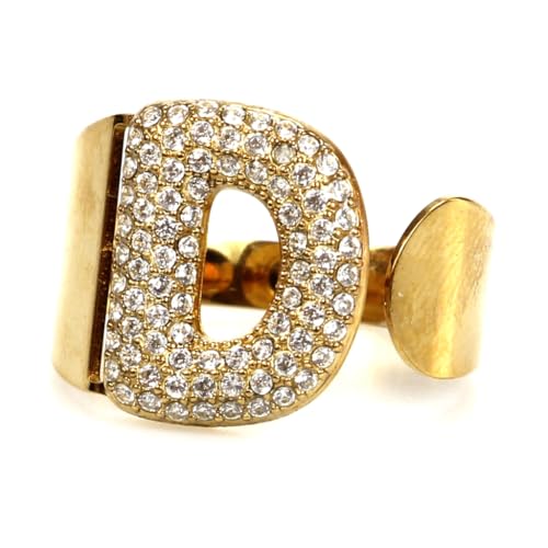 Flowers Anello a Fascia con Iniziale in Strass – Acciaio Inossidabile Regolabile. Colorazione Oro e Argento. (D dorato)