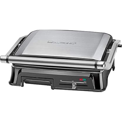 Clatronic Kontaktgrill | Stufenlos regelbarer Thermostat | 2000 Watt | Elektrogrill | Grillflächen: 2x ca. 29,5 x 23,5 cm | Barbecue | Edelstahlgehäuse | KG 3571 edelstahl/schwarz