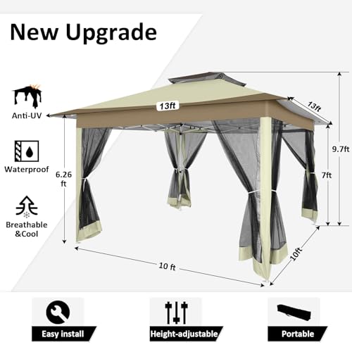 Image of HOTEEL 13x13 Pop Up Gazebo Canopy Tent Easy Up Outdoor Gazebo Waterproof Upgrade Portable Gazebo with Mosquito Nettings, Double Vented Roof and Carry Bag for Patio Garden Lawn(Khaki)