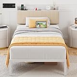 Elephance Twin Bed Frames with Storage Headboard, Metal Platform Bed Twin Size with Charging Station, No Box Spring Needed, Easy Assembly, White