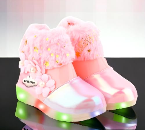 Image of Hooh Kids Girls LED Light Up Shoes Cum Boots with Faux Fur Trim and Flower Applique for 0 Months to 12 Years (for Greater Than 5 Years Age vs Size Chart in Images)