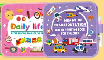 2PCS Mess Free Water Painting Book, Water Colouring Book with Water Pens, Reusable Scribble Book, No Mess Aqua Art Magic Water Drawing Kit, Gifts for Boys Girls (Transportation and Kitchen)