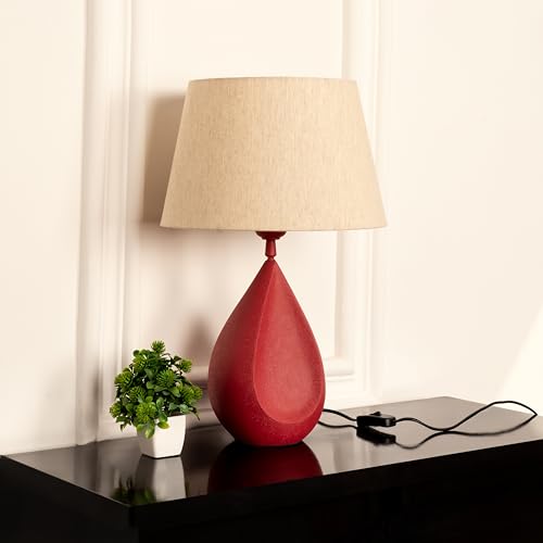 Divine Trends Drop Red Textured Table LED Lamp 19 inches Height with Off White 12 inches Diameter Lampshade for Bedside, Bedroom, Living Room, Home Decoration, Hotel Pack of 1