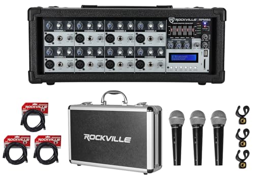 Rockville RPM85 2400w Powered 8 Channel Mixer/USB/EQ/Effects/Bluetooth+Mics+Case