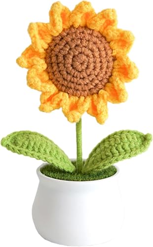 Image of Artificial Crochet Flower Bouquet Handmade Cotton Flowers Bunch for Home Decor, Gift for Girls, Wedding, Festival Decoration, Long Lasting Floral Arrangement (Sunflower Pot)