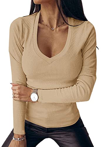Fessceruna Womens Long Sleeve Shirts Tops Deep V...
