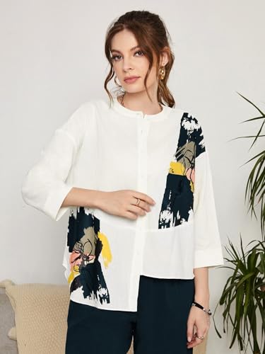 Image of TOPLOT Women's Co-ord Set | Button-up, Loose-fit top with Artistic Abstract Prints| Relaxed Loose Fit Design | Stylish Matching Set with Easy Movement | Casual, Outings (5234)