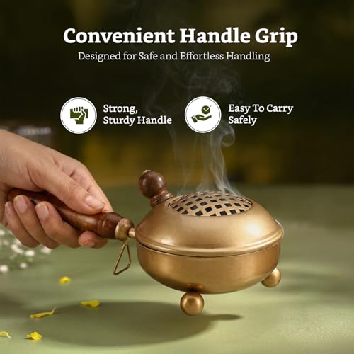 Image of Amazon Brand - Solimo Dhoop Dani with Handle (11.4 cm / 4.4 Inch) | Incense & Loban Burner Dhuni Stand | Durable Iron Body with Golden Finish | Round Design | Safe Grip Handle | Ideal for Home, Office & Temple Pooja